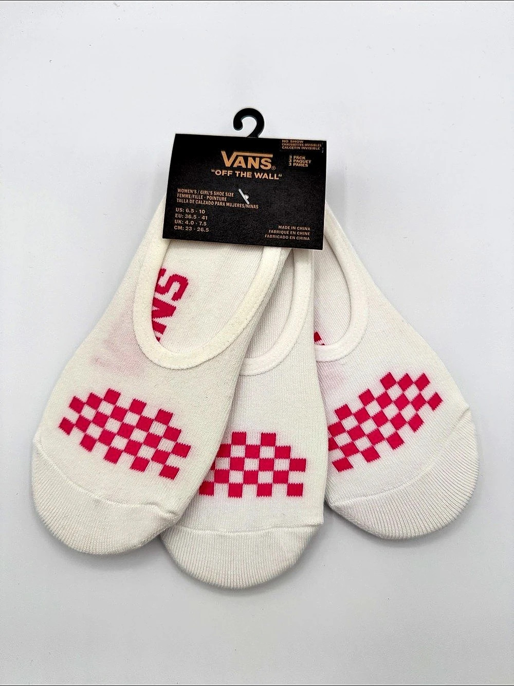 Vans Classic Canoodle Socks 3-Pack Checkered No-Show Socks Cream & Pink NWT
